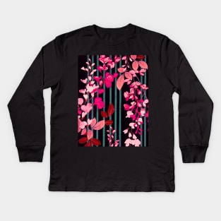 PINK FUCHSIA FLOWERS AND BLUE GREEN BLACK STRIPES Antique Japanese Floral Kids Long Sleeve T-Shirt